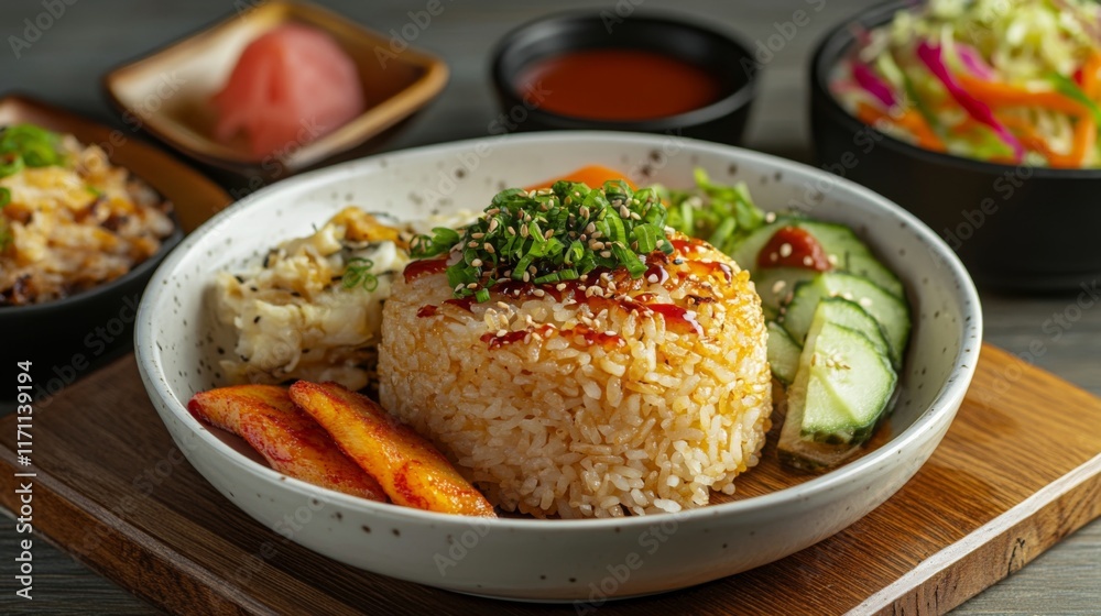 A rustic setting featuring a bowl of hot rice, accompanied by assorted side dishes and a drizzle of soy sauce, all arranged on a wooden surface for a homely feel. A rustic setting featuring a bowl of hot rice, accompanied by assorted side dishes and a drizzle of soy sauce, all arranged on a wooden surface for a homely feel.