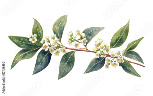 A botanical illustration of a flowering branch with leaves 