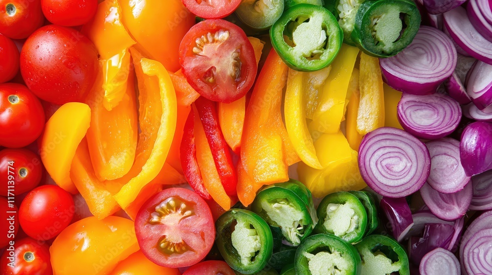 Colorful Arrangement of Fresh Vegetables Including Tomatoes, Peppers, and Onions on a Flat Surface Colorful Arrangement of Fresh Vegetables Including Tomatoes, Peppers, and Onions on a Flat Surface