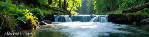 Water flows through a small weir over forest river, weir, river photo