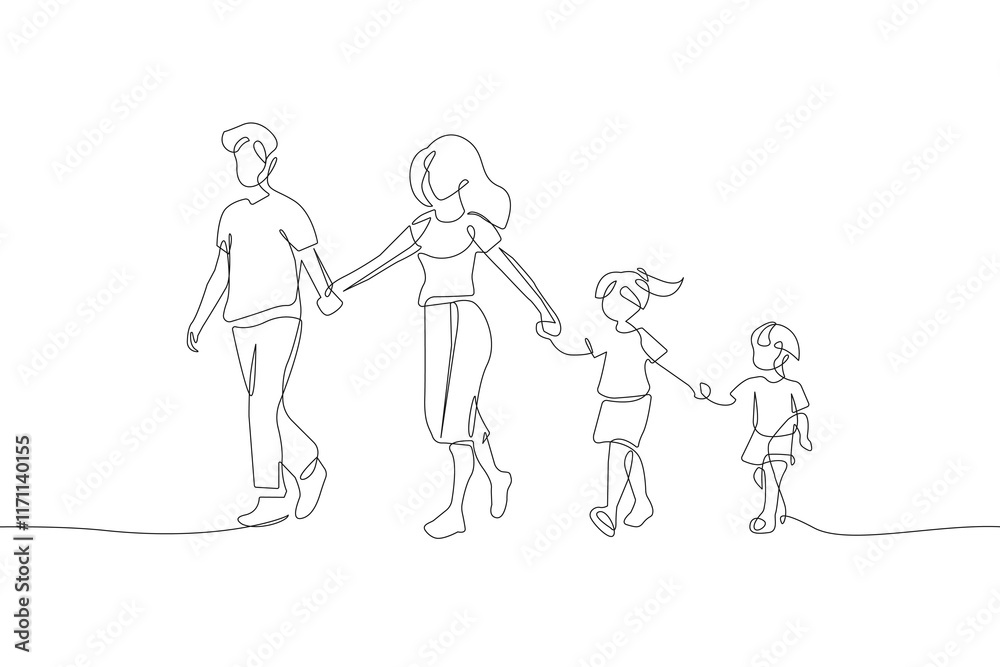 Happy Family Walking Together One Line Vector Illustration. Continuous Single Line Drawing of Parents Holds Children. Happy Family Hand Drawn Contour Silhouette Outline Style. Happy Family Walking Together One Line Vector Illustration. Continuous Single Line Drawing of Parents Holds Children. Happy Family Hand Drawn Contour Silhouette Outline Style.