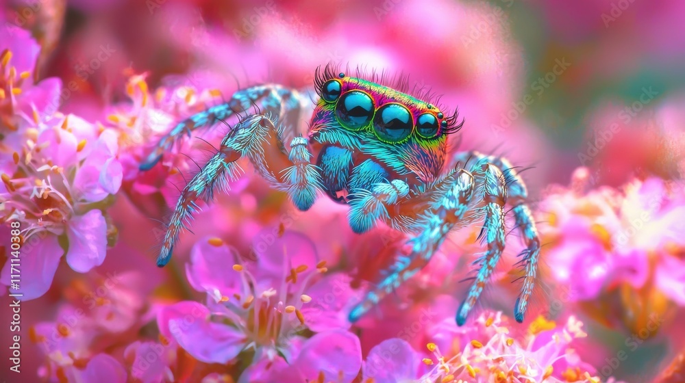 Fototapeta premium Vibrant Peacock Spider Explores a Blooming Pink Flower Garden