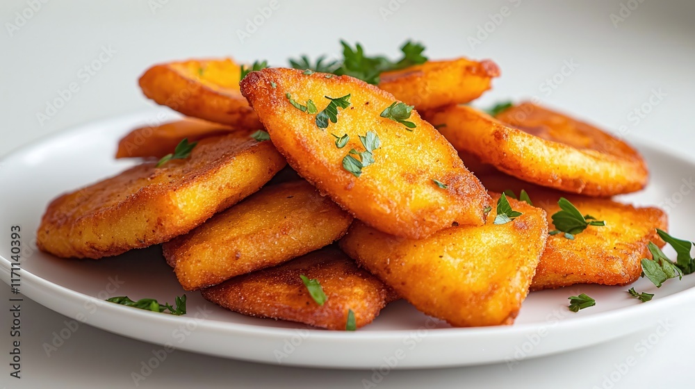 Crispy Golden Fried Plantain Slices with Fresh Parsley Garnish on a White Plate Crispy Golden Fried Plantain Slices with Fresh Parsley Garnish on a White Plate