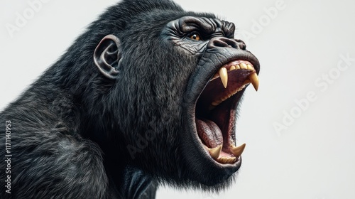 Close-up of a ferocious gorilla roaring.