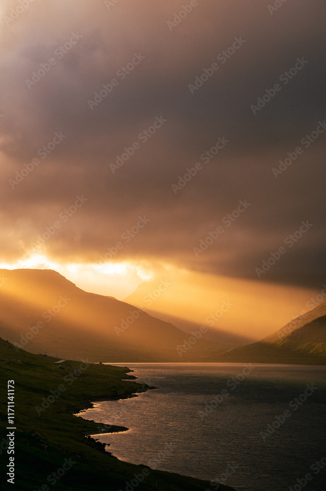 Dramatic landscape from dangerous and beatiful sunset Faroe Islands Dramatic landscape from dangerous and beatiful sunset Faroe Islands