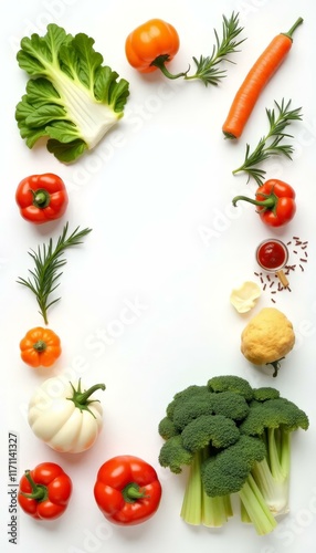 Fresh vegetables flat lay, white backdrop, copy space,
