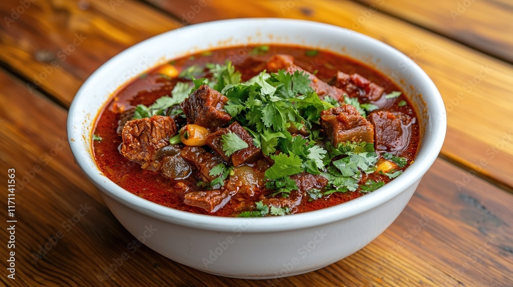 Savory Meat Stew Garnished with Fresh Herbs in a White Bowl on a Rustic Wooden Table Savory Meat Stew Garnished with Fresh Herbs in a White Bowl on a Rustic Wooden Table