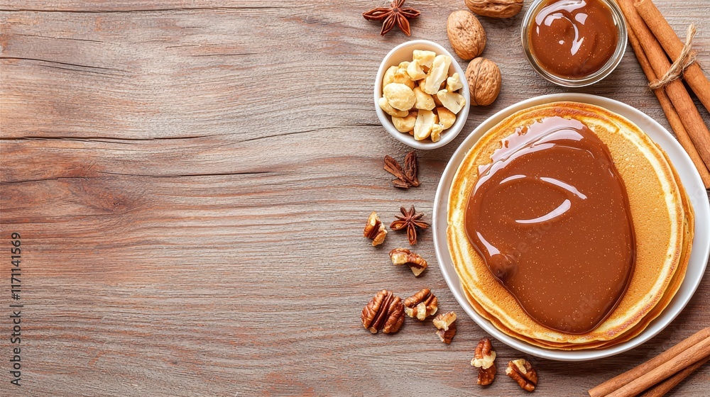 Rich Chocolate Sauce Drizzled Over Pancakes with Nuts and Spices on a Wooden Table Background