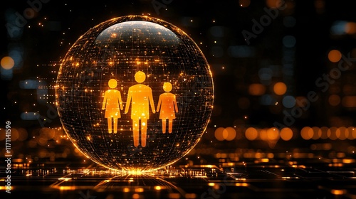 Life Insurance Planning illustration of a family inside a glowing protective bubble surrounded by policy icons Stock Photo with side copy space