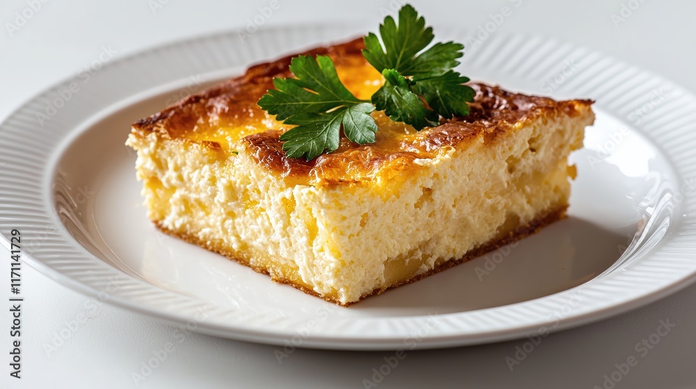 Delicious Cheese Casserole with Fresh Parsley Garnish on White Plate Close-Up