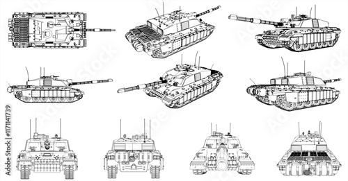 Tank Challenger 2 Vector images are produced from the tracing process. View from side, front, back, top, Perspective