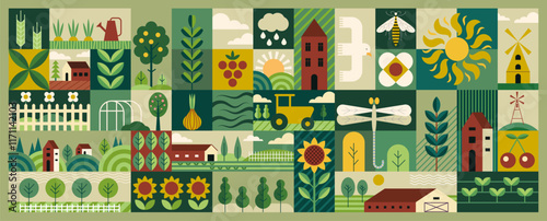 Garden geometric. Soil farm. Pattern geometry of flowers in summer, house and barn. Icon of abstract spring plant. Green modern graphics. Horizontal agricultural banner. Vector design background