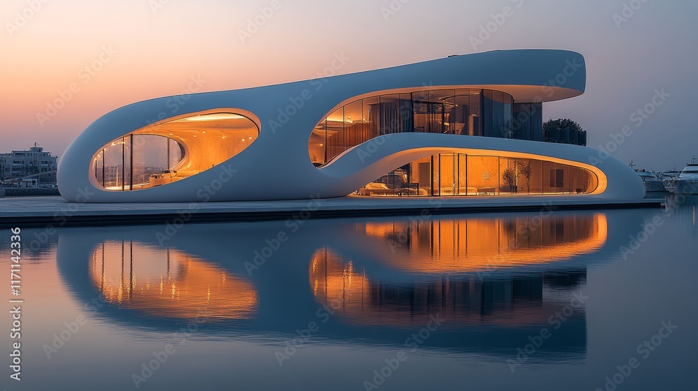 Fototapeta premium Modern futuristic waterfront villa at sunset, reflecting in calm water.