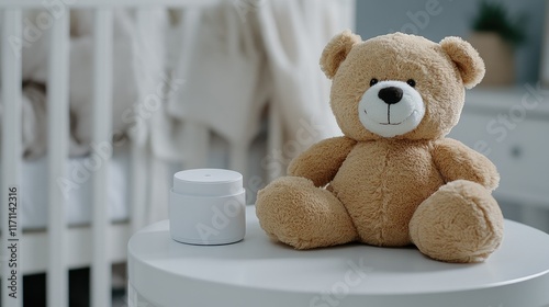 A stuffed toy bear and a baby monitor rest on a white table near a crib where a child sleeps, creating a serene nursery atmosphere photo