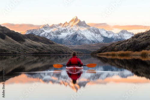 A kayaker pausing to take in the view of a distant mountain range reflected on a calm lake photo