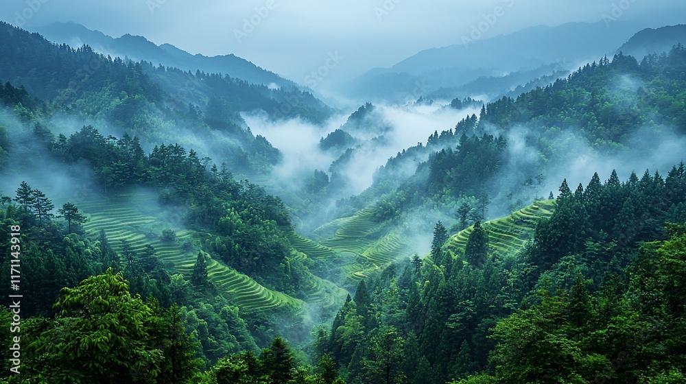 Fototapeta premium Misty mountain valley with terraced rice fields.