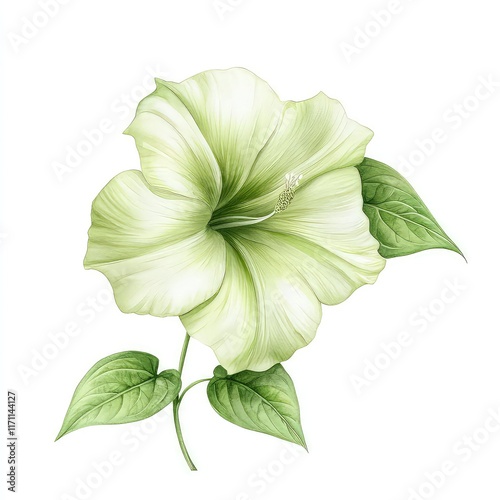 Watercolor green morning glory bloom flower isolated on white background