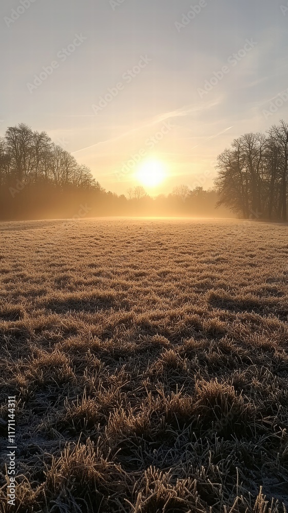 Fototapeta premium Beautiful Sunrise Over Frosty Meadow with Glazing Grass and Mist, Capturing Nature's Tranquility and Warmth in a Picturesque Morning Landscape