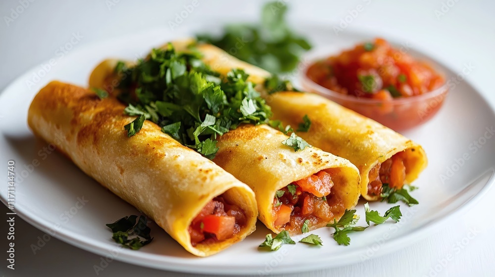 Delicious Plate of Enchiladas Garnished with Fresh Herbs and Accompanied by Salsa Delicious Plate of Enchiladas Garnished with Fresh Herbs and Accompanied by Salsa