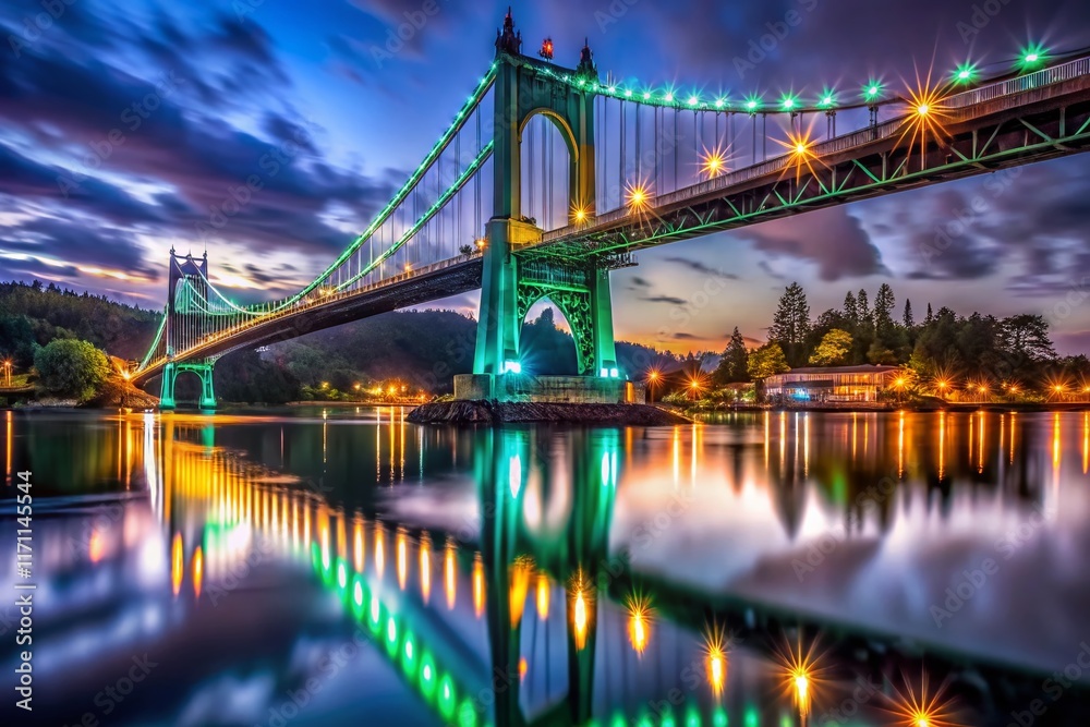 Fototapeta premium St. Johns Bridge Portland Oregon Night Lightscape - Dramatic Cityscape Photography