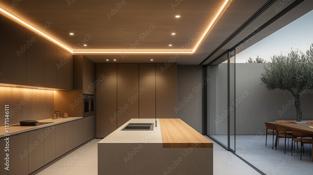 A contemporary minimalist kitchen with matte taupe cabinets, light concrete countertops, and a sleek wooden island. Recessed lighting in the ceiling creates a soft ambiance. A contemporary minimalist kitchen with matte taupe cabinets, light concrete countertops, and a sleek wooden island. Recessed lighting in the ceiling creates a soft ambiance.