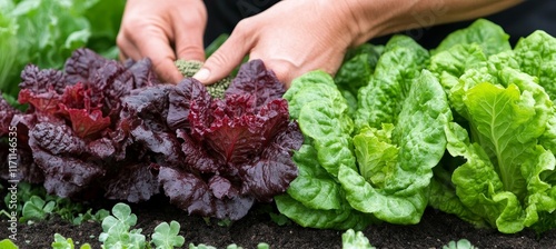 Close-Up Of Gardener s Hands Tending To Fresh, Vibrant Lettuce Growing In A Lush Garden Bed. photo