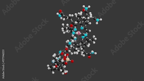 Molecule of vitamin B12 (cobalamin) with the molecular formula C63H88CoN14O14P, represented by a ball-and-stick chemical model. Isolated. Gray background. Alpha channel. 3D rendering. Seamless loop