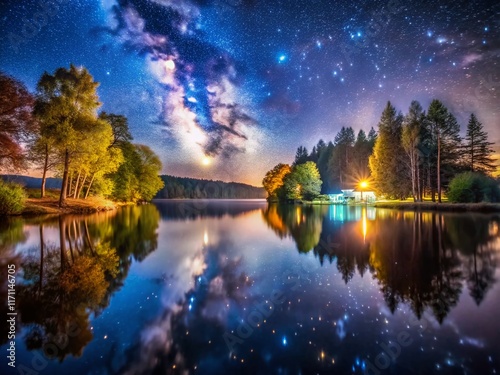 Starry Night Sky over Silver Lake, Haltern am See, Germany - Illuminated Forest photo