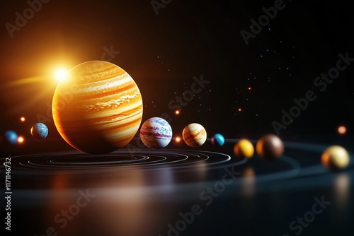 Cosmic Alignment of Planets with Glowing Sun Rays and Dark Space Background photo