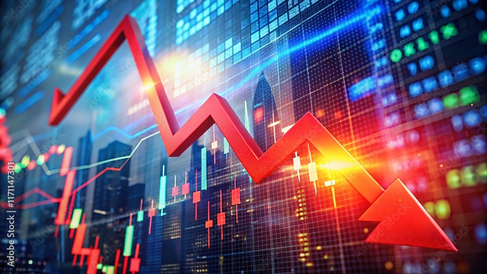 Stock Market Crash: Red Arrow Plunging Through Crisis Background - High Depth of Field Image Stock Market Crash: Red Arrow Plunging Through Crisis Background - High Depth of Field Image