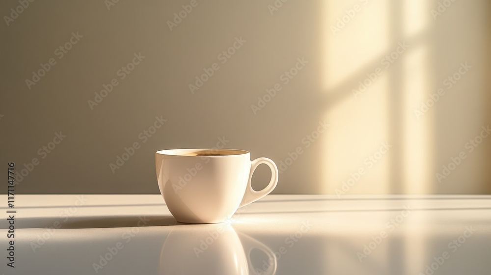 White coffee cup on clean countertop with soft reflections White coffee cup on clean countertop with soft reflections