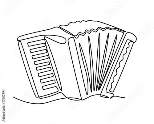 Musical instrument. Continuous line accordion. Traditional concert sound. Accordionists acoustic music. Orchestra melody playing. Classic performance. Harmonica simple drawing. Vector outline sketch