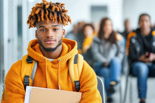A nervous yet prepared candidate waiting in a reception area, clutching a folder and practicing their answers