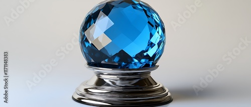 A dazzling aquamarine stone elegantly positioned on a modern display stand, centered on a flawless white background. The serene blue color of the aquamarine is enhanced by the sharp focus and 
