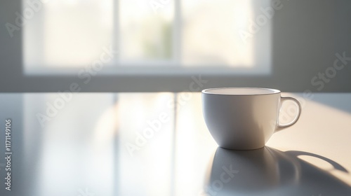 White coffee cup on clean countertop with soft reflections
