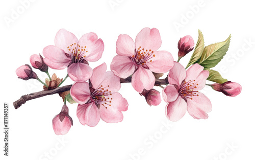 A branch of pink cherry blossoms with buds