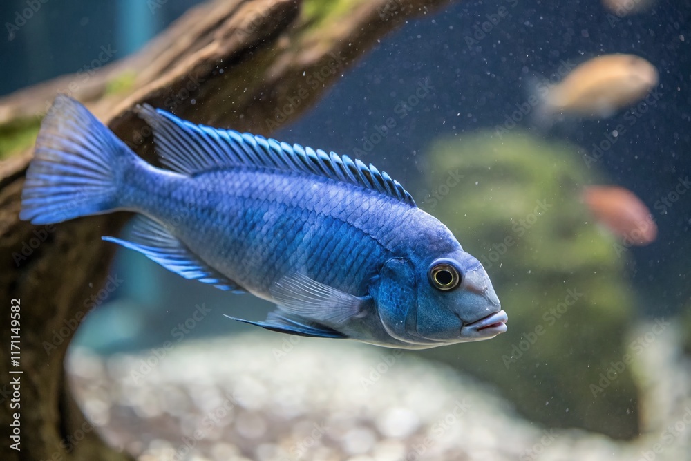 Stunning Blue Dolphin Cichlid Fish in Vibrant Aquarium - Stock Photo Stunning Blue Dolphin Cichlid Fish in Vibrant Aquarium - Stock Photo