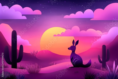 A pixel art animation of a kangaroo hopping through a vibrant desert, with pixelated clouds and cactus plants in the background photo