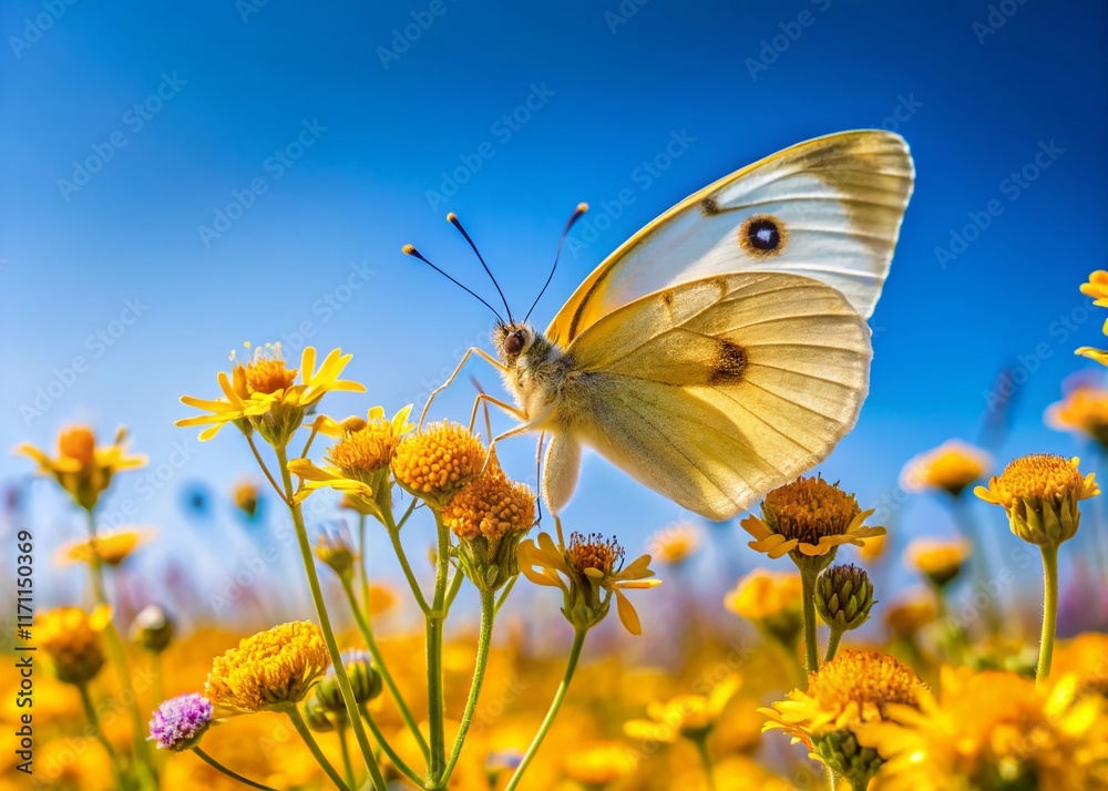 Obraz premium Stunning Drone Aerial View of a Pale Yellow Butterfly in a Vibrant Meadow