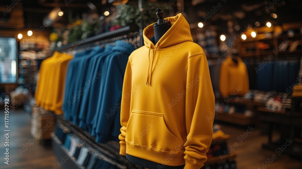 Mockup of plain yellow hoodie in shop display. Mockup of plain yellow hoodie in shop display.