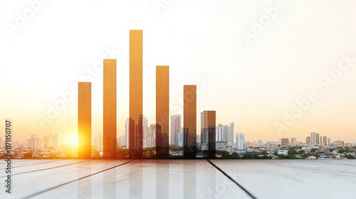 Urban Skyline with Financial Growth Bar Graph at Sunset