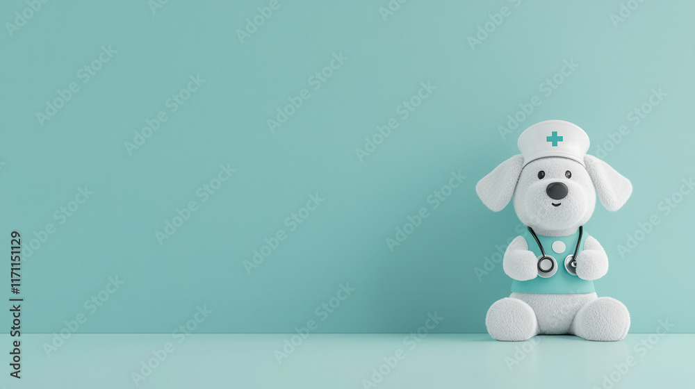 Naklejka premium cute plush toy dog dressed as nurse, complete with stethoscope and cap, sits against soft turquoise background, evoking sense of warmth and care