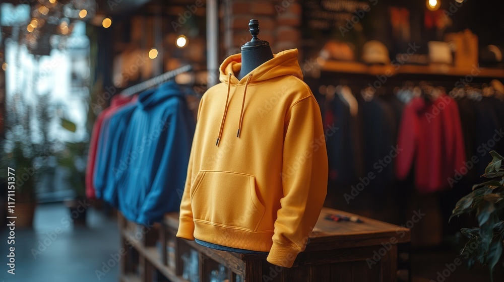 Mockup of plain yellow hoodie in shop display. Mockup of plain yellow hoodie in shop display.