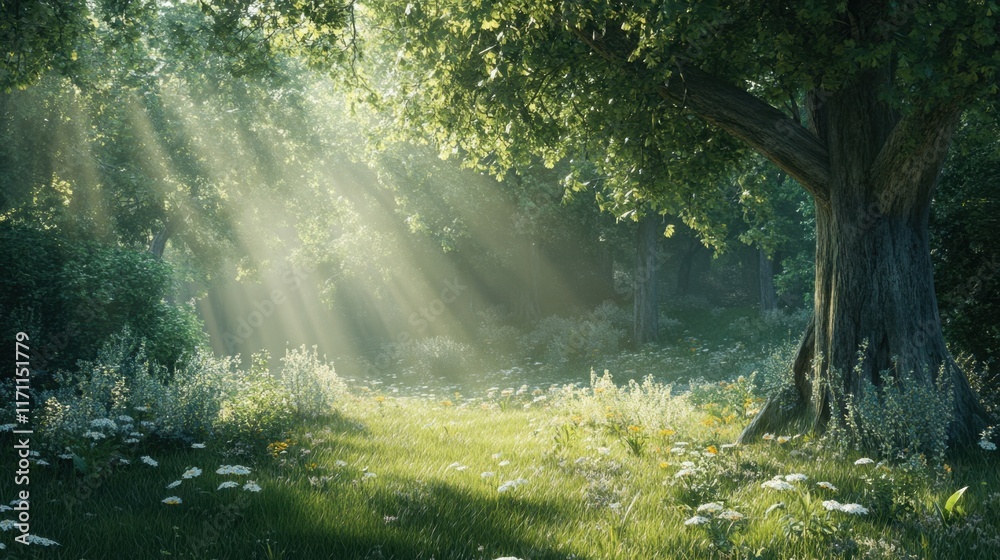 Obraz premium A serene forest clearing with sunlight streaming through the trees, creating a sense of natural freedom.