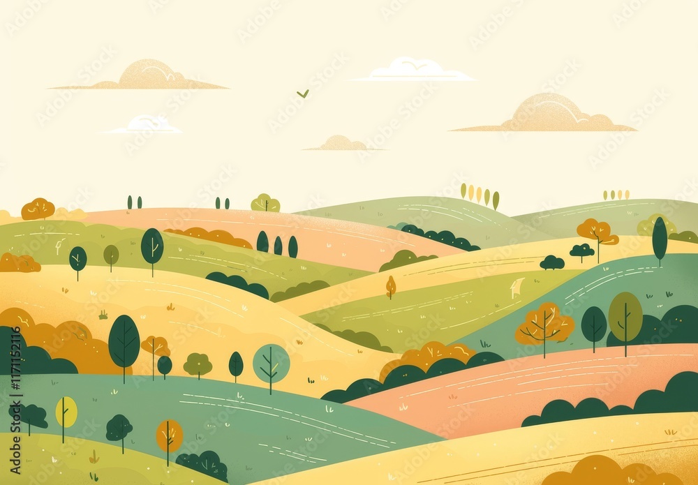 Naklejka premium Autumn Trees Stand Tall on Rolling Hills Landscape.
