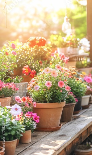Wallpaper Mural Colorful potted flowers on wooden table in sunny garden Torontodigital.ca