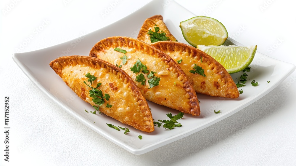 Delicious Golden Empanadas Served with Fresh Lime and Garnish on White Plate Delicious Golden Empanadas Served with Fresh Lime and Garnish on White Plate