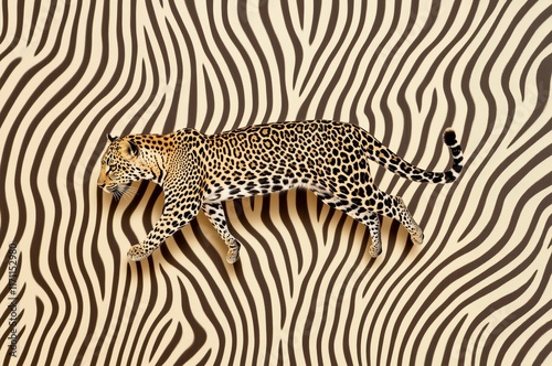 Leopard Strolling Across Abstract Beige and Brown Zebra-Striped Background in a Perfect Blend of Nature and Art photo