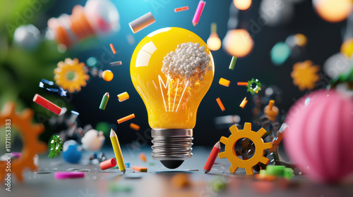 vibrant light bulb surrounded by colorful creative elements symbolizes innovation and ideas. This dynamic scene captures essence of brainstorming and creativity in playful manner photo