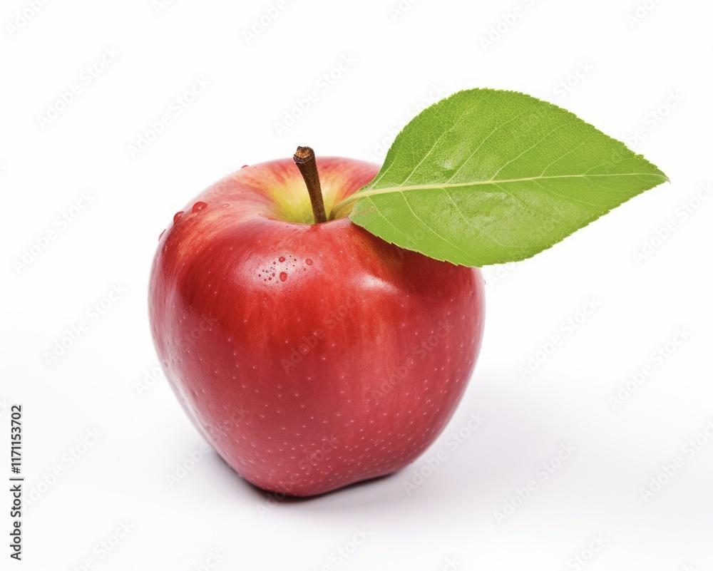 Ripe Red Apple with Leaf Isolated on White Background - Healthy Organic Fruit Snack Ripe Red Apple with Leaf Isolated on White Background - Healthy Organic Fruit Snack